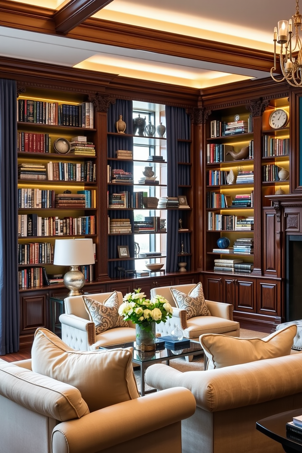 Personalized bookshelves filled with an eclectic mix of books and decorative items create a unique focal point in the room. The shelves are crafted from rich mahogany wood, featuring intricate carvings and soft ambient lighting to highlight the collection. In the formal living room, plush seating arrangements invite conversation and relaxation. Elegant drapery frames large windows, allowing natural light to filter in and enhance the sophisticated color palette of deep blues and warm golds.