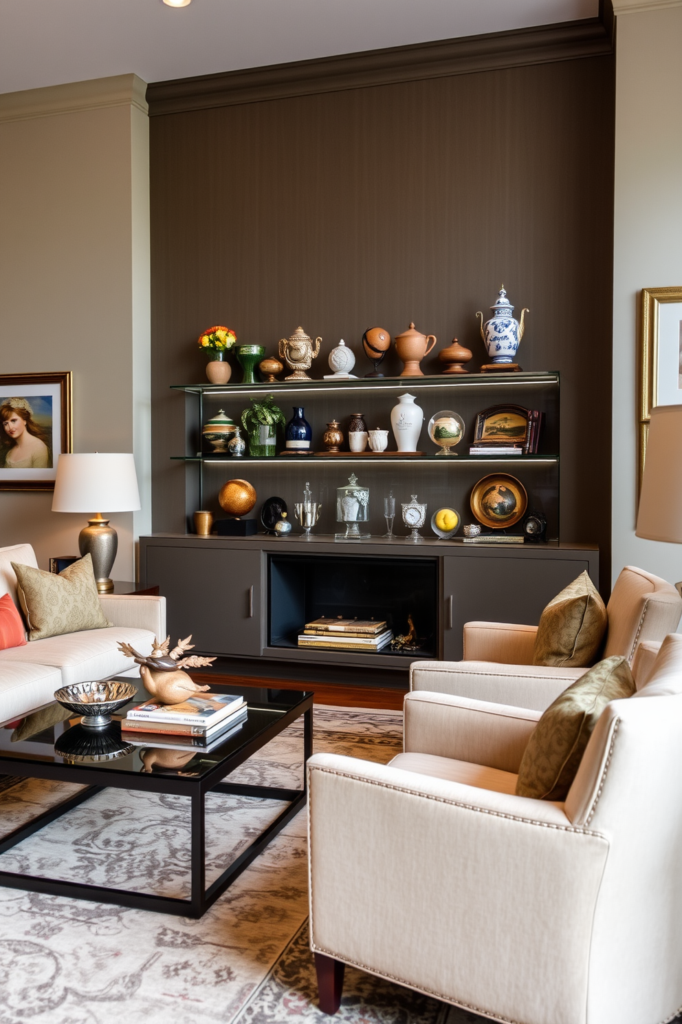 Curated collectibles arranged on a sleek display shelf create a unique showcase in the formal living room. The room features elegant furnishings with a plush sofa and armchairs, complemented by a stylish coffee table and tasteful artwork on the walls. Soft lighting enhances the ambiance, highlighting the collectibles and creating a warm atmosphere. Rich fabrics and a sophisticated color palette tie the space together, making it both inviting and refined.