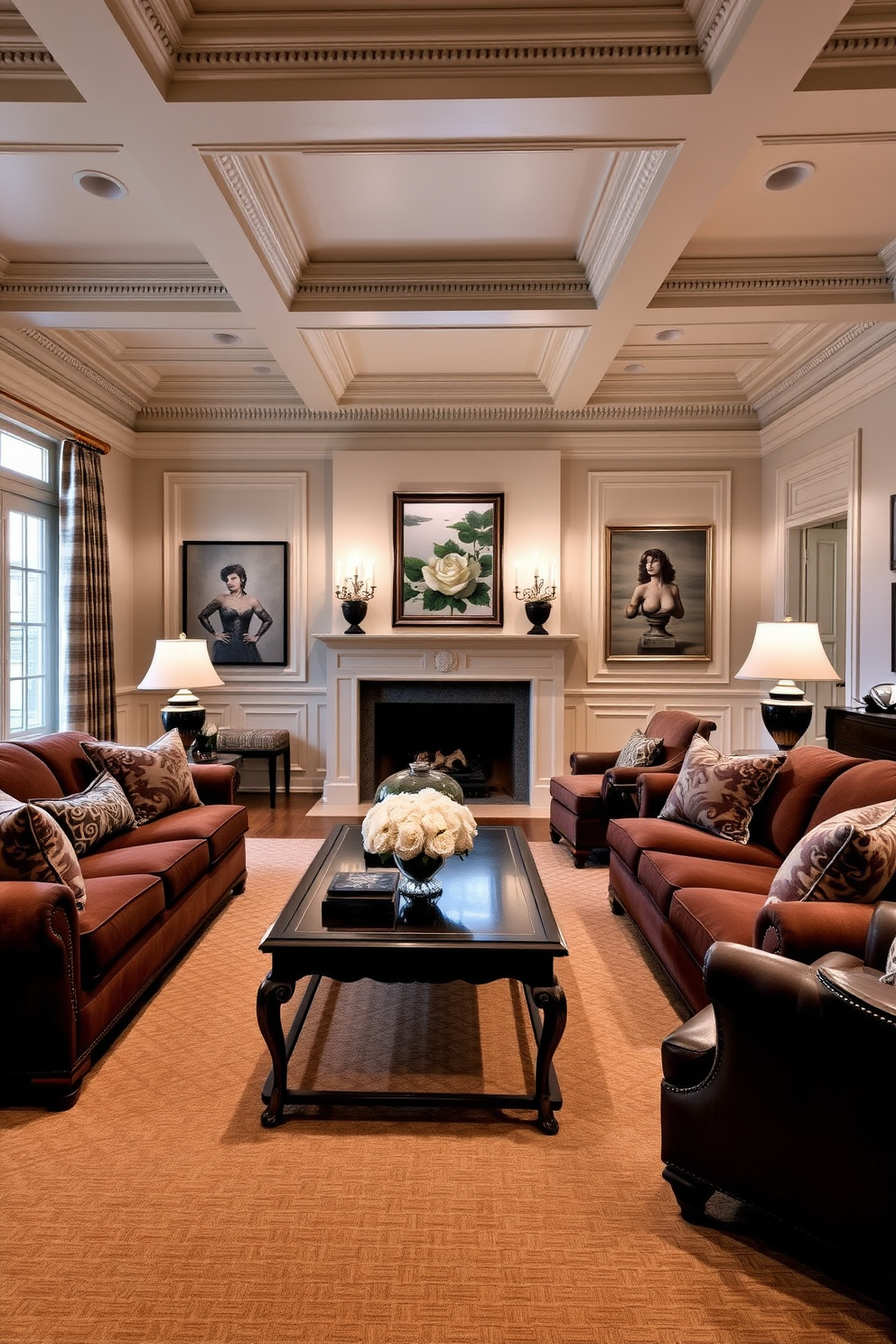 A classic formal living room features elegant crown molding that adds architectural interest and sophistication to the space. Plush sofas in rich fabrics are arranged around a central coffee table, complemented by tasteful decorative accents and soft lighting.