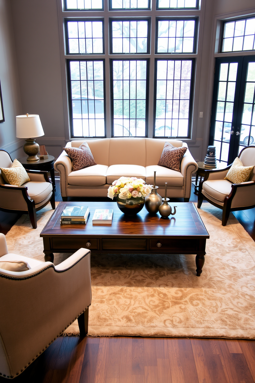 Classic furniture arrangement for balanced space. A plush sofa in a neutral tone is centered against the wall, flanked by two elegant armchairs that create a cozy conversation area. A large coffee table made of dark wood sits in the middle, adorned with decorative books and a stylish centerpiece. The room features a soft area rug that ties the seating together, while large windows allow natural light to fill the space.