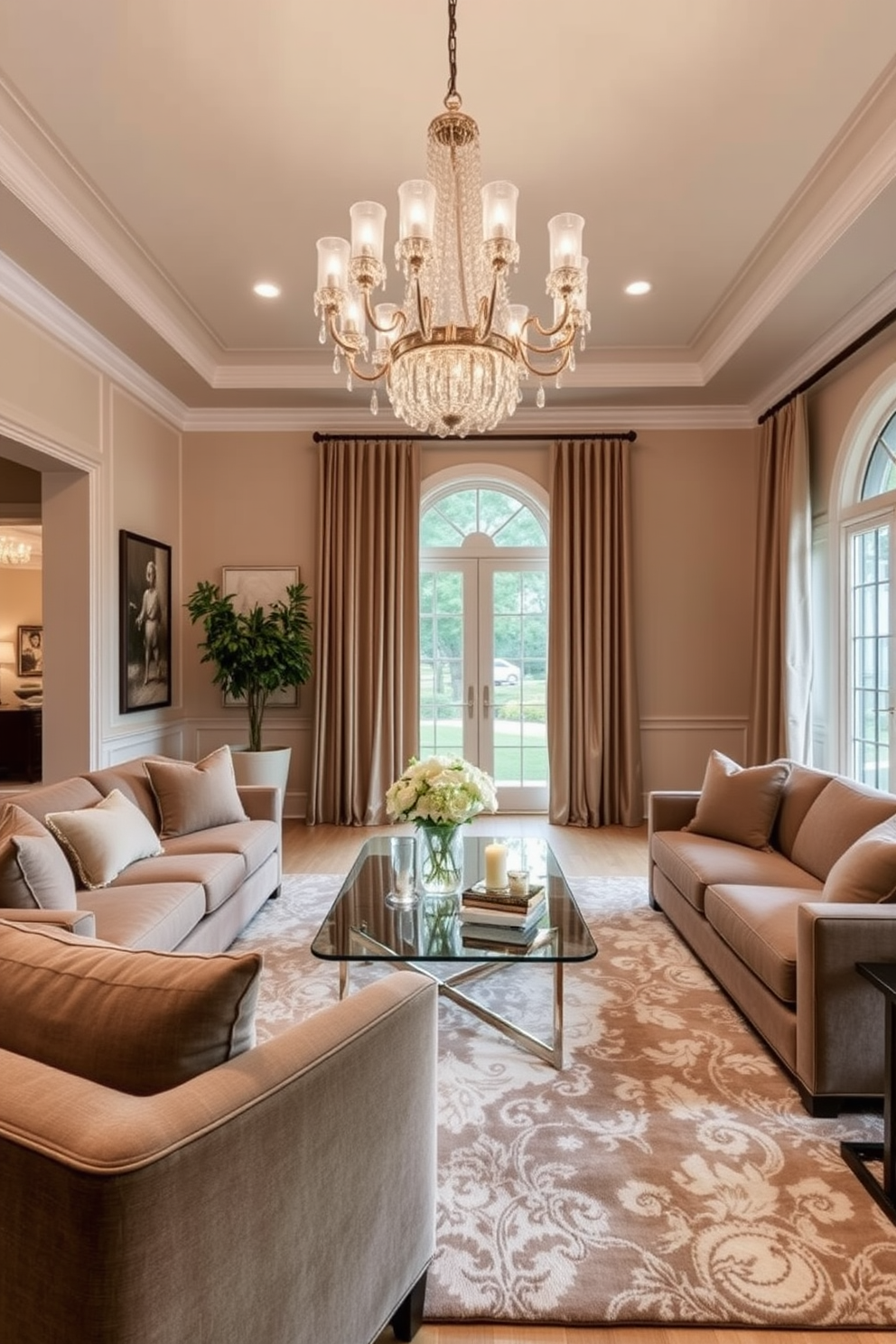 A formal living room designed with a neutral color palette exudes timeless elegance. Soft beige walls complement plush taupe sofas arranged around a sleek glass coffee table. Rich textures are layered throughout the space, featuring a luxurious area rug underfoot and elegant drapes framing large windows. A statement chandelier hangs from the ceiling, casting a warm glow over the room’s sophisticated decor.