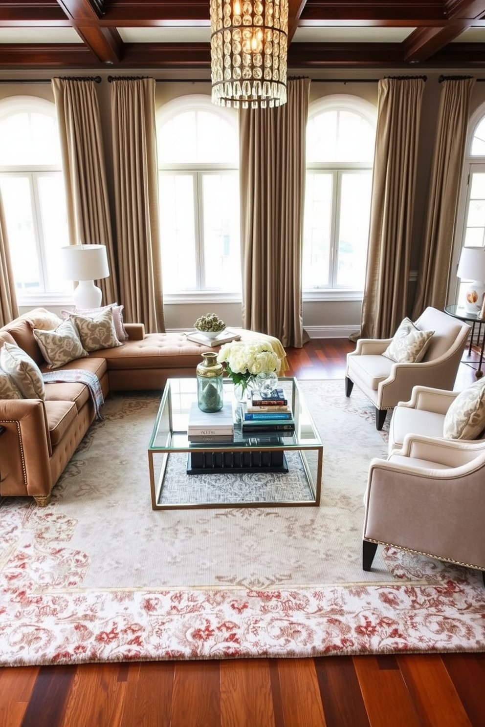 A formal living room featuring layered rugs that add texture and warmth to the space. The first rug is a large neutral-toned area rug, while a smaller, patterned rug sits atop it, creating visual interest and depth. Elegant furniture pieces include a plush sectional sofa in a rich fabric and a pair of sophisticated armchairs. A statement coffee table made of glass and metal sits in the center, surrounded by decorative accessories and books.