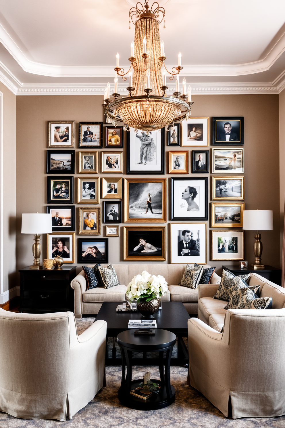 A striking artwork gallery wall adorns the main wall of the formal living room. The gallery features a mix of framed paintings and photographs in various sizes, creating a personalized and inviting atmosphere. The formal living room is designed with elegant furnishings, including a plush sofa and a pair of sophisticated armchairs. A grand chandelier hangs from the ceiling, casting a warm glow over the space and enhancing the overall luxurious feel.