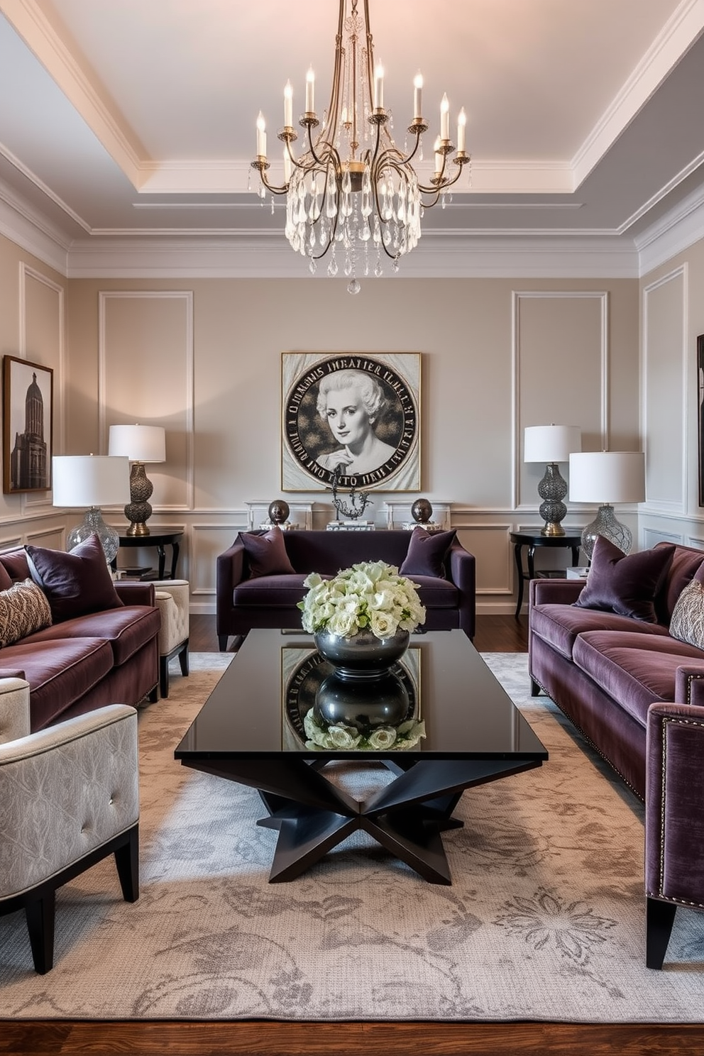 A formal living room featuring a statement coffee table as the focal point. The coffee table is a large, rectangular piece made of glass with a unique geometric base, surrounded by plush upholstered sofas in rich, deep colors. Elegant accent chairs are positioned on either side of the coffee table, adding contrast with their lighter fabric. The walls are adorned with tasteful art pieces, and a large chandelier hangs from the ceiling, casting a warm glow over the space.