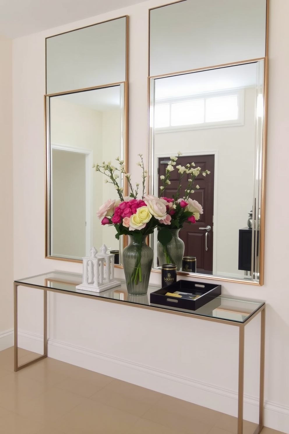 Brighten the foyer with oversized mirrors that reflect light and create an illusion of depth. The walls are painted in a soft pastel hue, and a sleek console table sits beneath the mirrors, adorned with decorative items and fresh flowers.