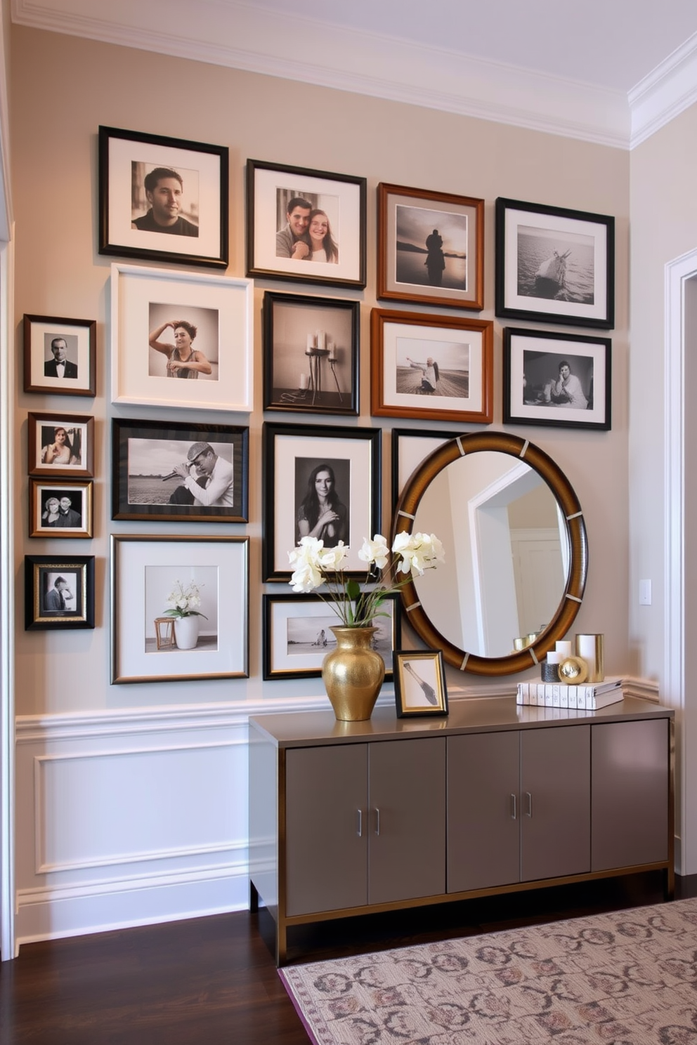 Create a stunning gallery wall featuring a mix of framed photographs and artwork. The arrangement should include a variety of sizes and styles, with a cohesive color palette that complements the surrounding decor. Design a welcoming foyer that showcases elegant lighting and functional storage. Incorporate a stylish console table adorned with decorative items and a large mirror to enhance the sense of space.