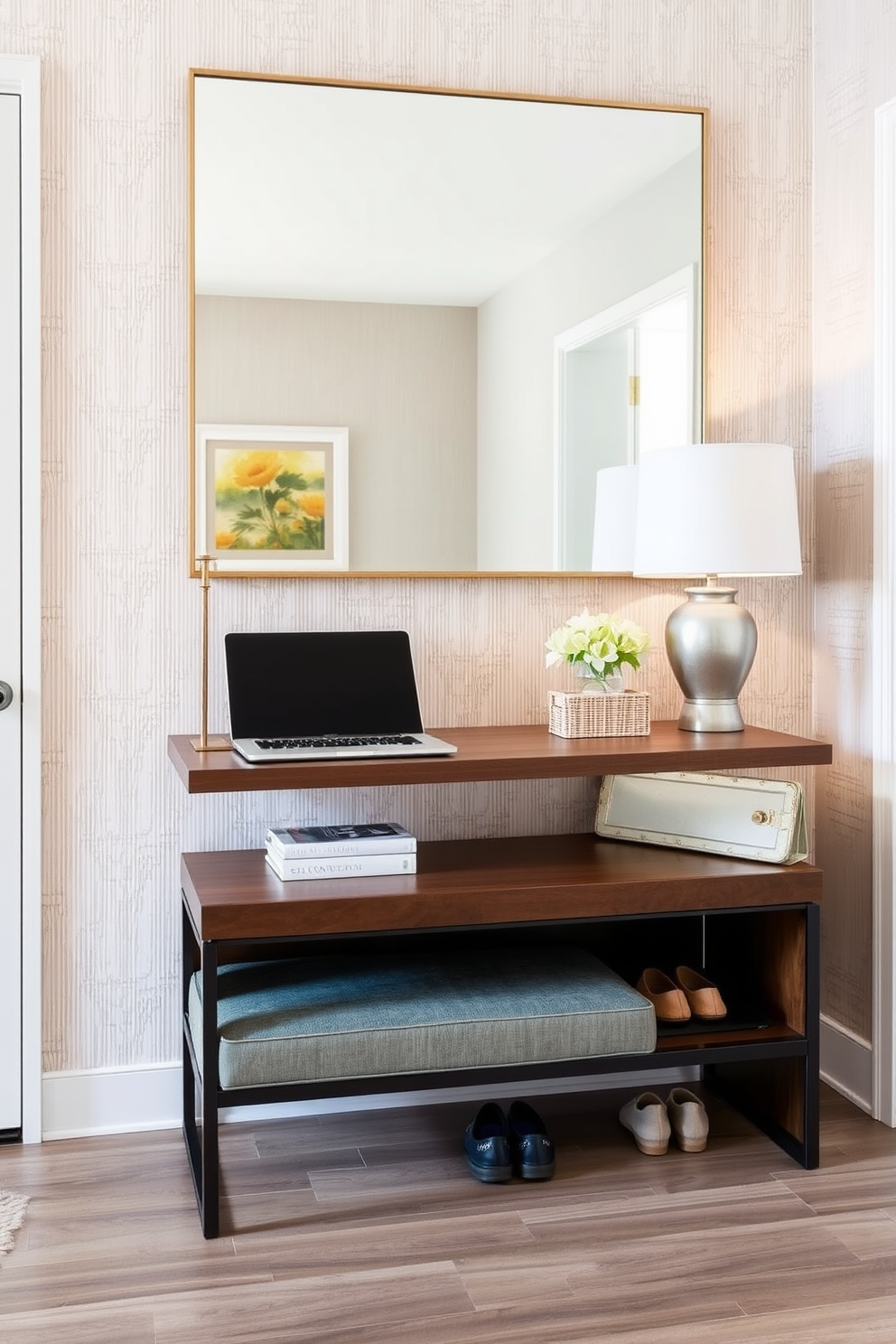 A welcoming foyer featuring multifunctional furniture pieces that maximize space and utility. A sleek console table doubles as a workspace, while a stylish bench provides seating and hidden storage for shoes. The walls are adorned with a subtle wallpaper that adds texture without overwhelming the space. A large mirror above the console reflects light, making the area feel more open and inviting.