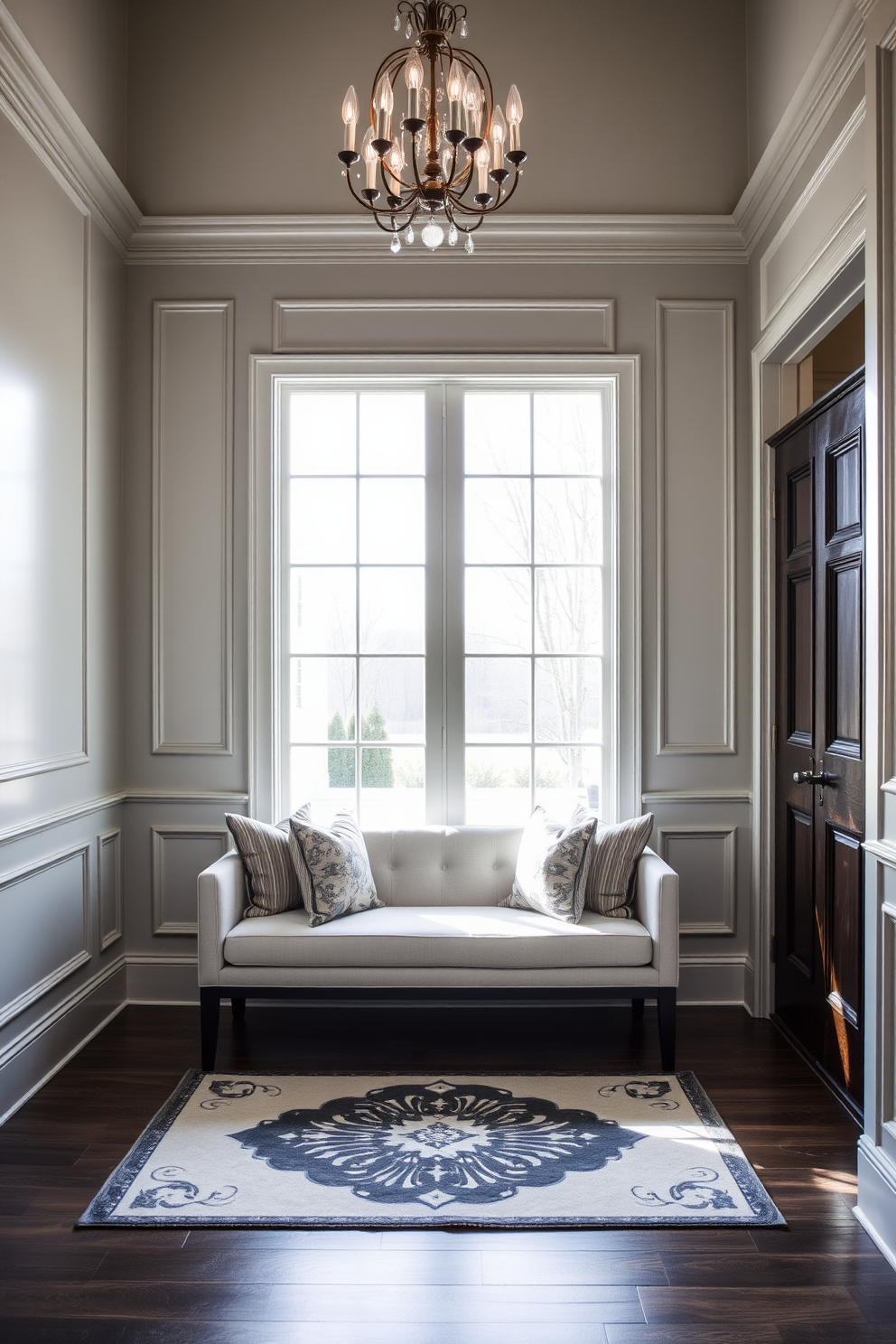 A welcoming foyer featuring a stylish bench for convenience. The bench is upholstered in a soft fabric with decorative pillows, positioned against a backdrop of elegant wall paneling. Natural light floods the space through a large window, illuminating a chic area rug beneath the bench. A statement chandelier hangs from the ceiling, adding a touch of sophistication to the entrance.