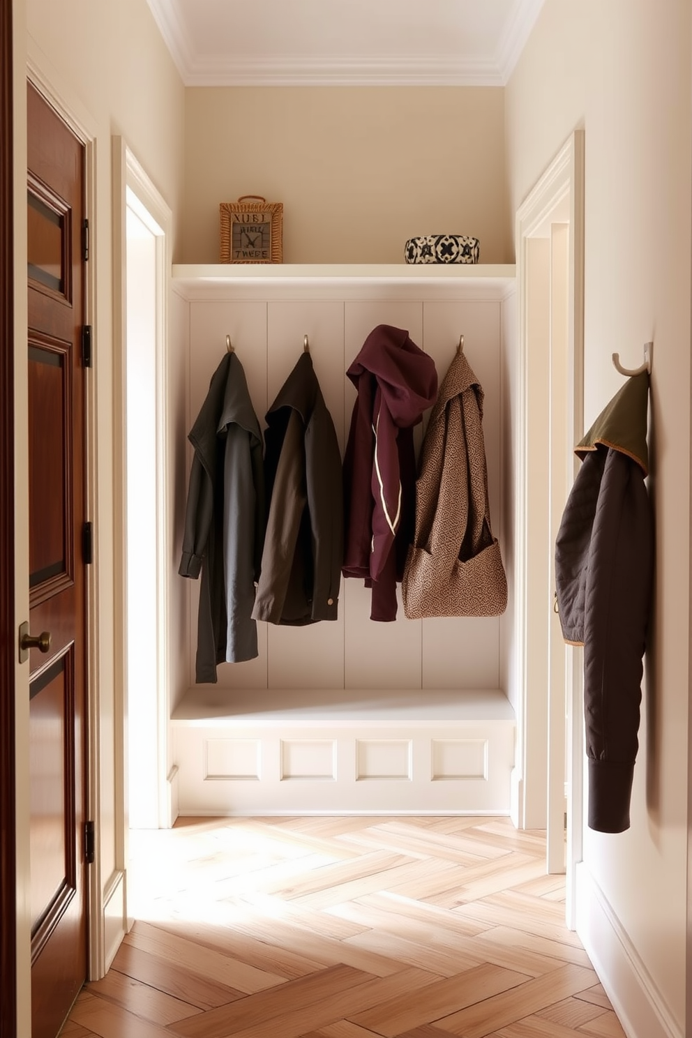 A welcoming foyer with stylish hooks for easy coat storage. The walls are painted in a soft cream color, and the floor is adorned with a classic herringbone pattern in light wood.