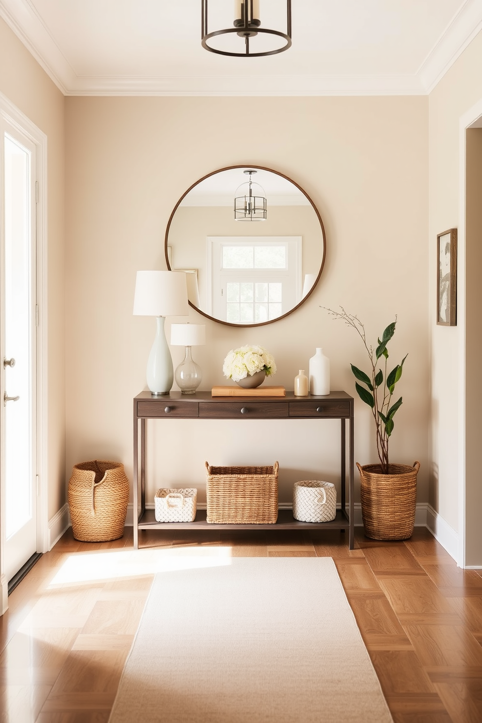 A welcoming foyer with a spacious layout featuring a console table against the wall. Above the table, a large round mirror reflects natural light, enhancing the open feel of the space. Flanking the console table are decorative baskets in woven textures for organization, adding warmth and functionality. The walls are painted in a soft beige hue, while a stylish runner rug in muted tones leads the way into the home.