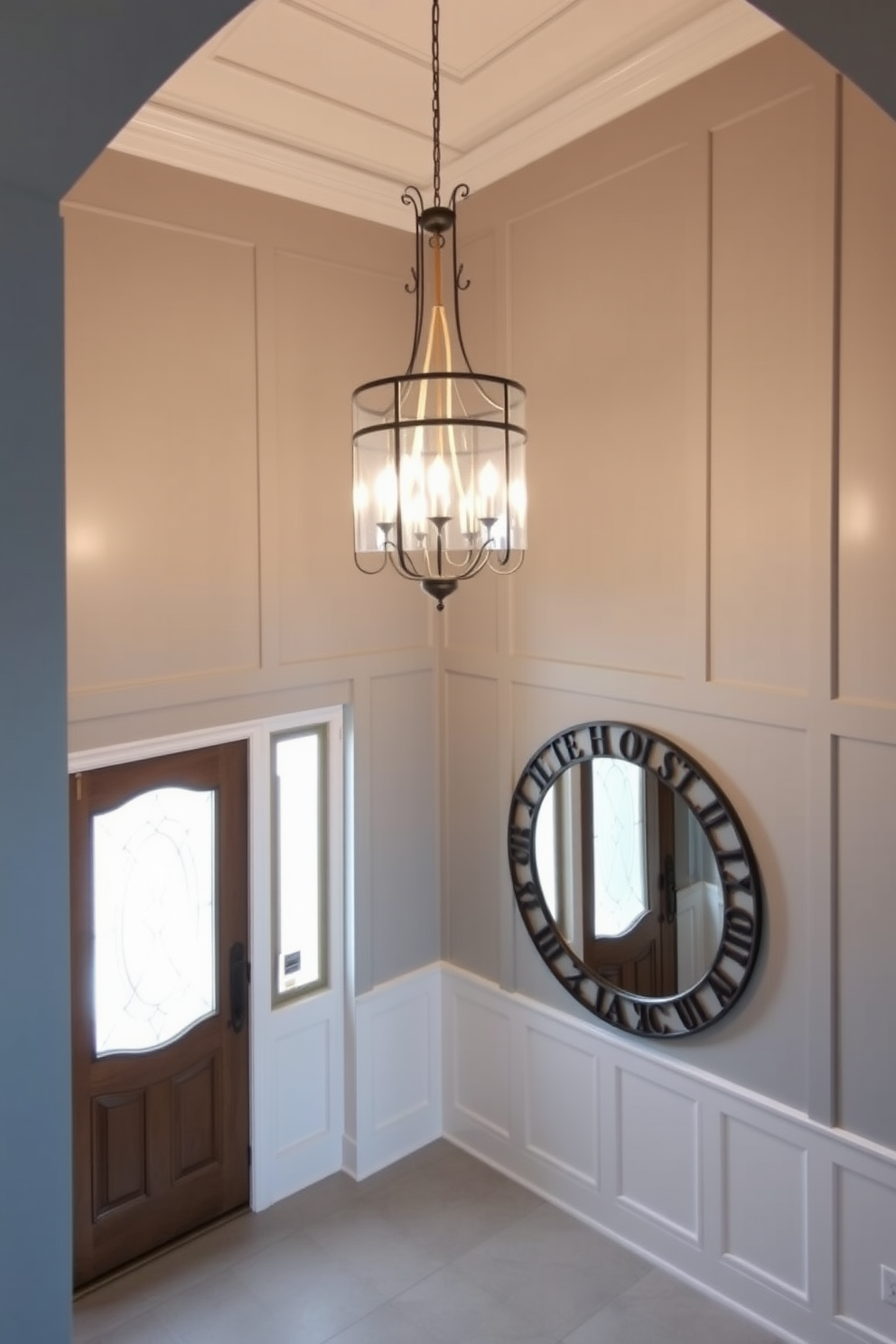 A stunning foyer featuring an elegant light fixture as the centerpiece. The walls are adorned with soft gray paneling, and a large round mirror reflects the ambient light.