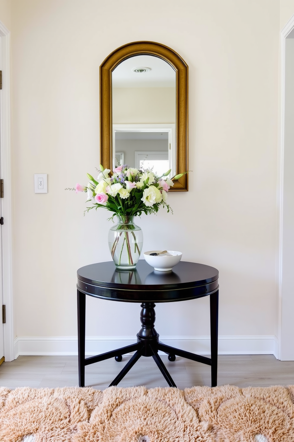 A welcoming foyer with a small round table positioned centrally against the wall. The table is adorned with a stylish vase filled with fresh flowers and a decorative bowl for keys, enhancing the inviting atmosphere. The walls are painted in a soft neutral tone, complemented by a statement mirror above the table. A plush area rug in warm hues lies beneath the table, adding texture and warmth to the entryway.