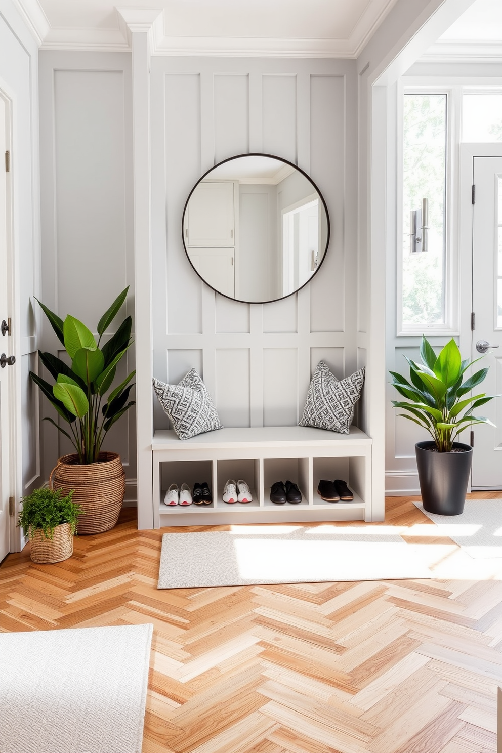 A stylish foyer featuring a sleek shoe storage solution integrated into a built-in bench. The walls are adorned with light gray paneling, and a large round mirror hangs above the bench, reflecting the natural light from a nearby window. On the floor, there is a beautiful herringbone-patterned wood, complemented by a soft area rug in neutral tones. Potted plants are placed on either side of the entrance, adding a touch of greenery to the welcoming space.