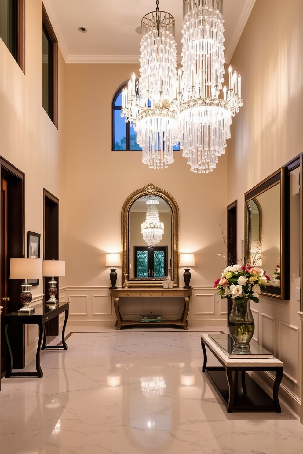 A grand foyer features a stunning statement chandelier that cascades from a high ceiling, illuminating the space with a warm glow. The entryway is adorned with elegant wainscoting and a polished marble floor, creating an inviting atmosphere. To the side, a sleek console table is complemented by a pair of stylish lamps, while a large mirror above the table reflects the chandelier's brilliance. Fresh flowers in a decorative vase add a touch of color, enhancing the overall sophistication of the foyer.