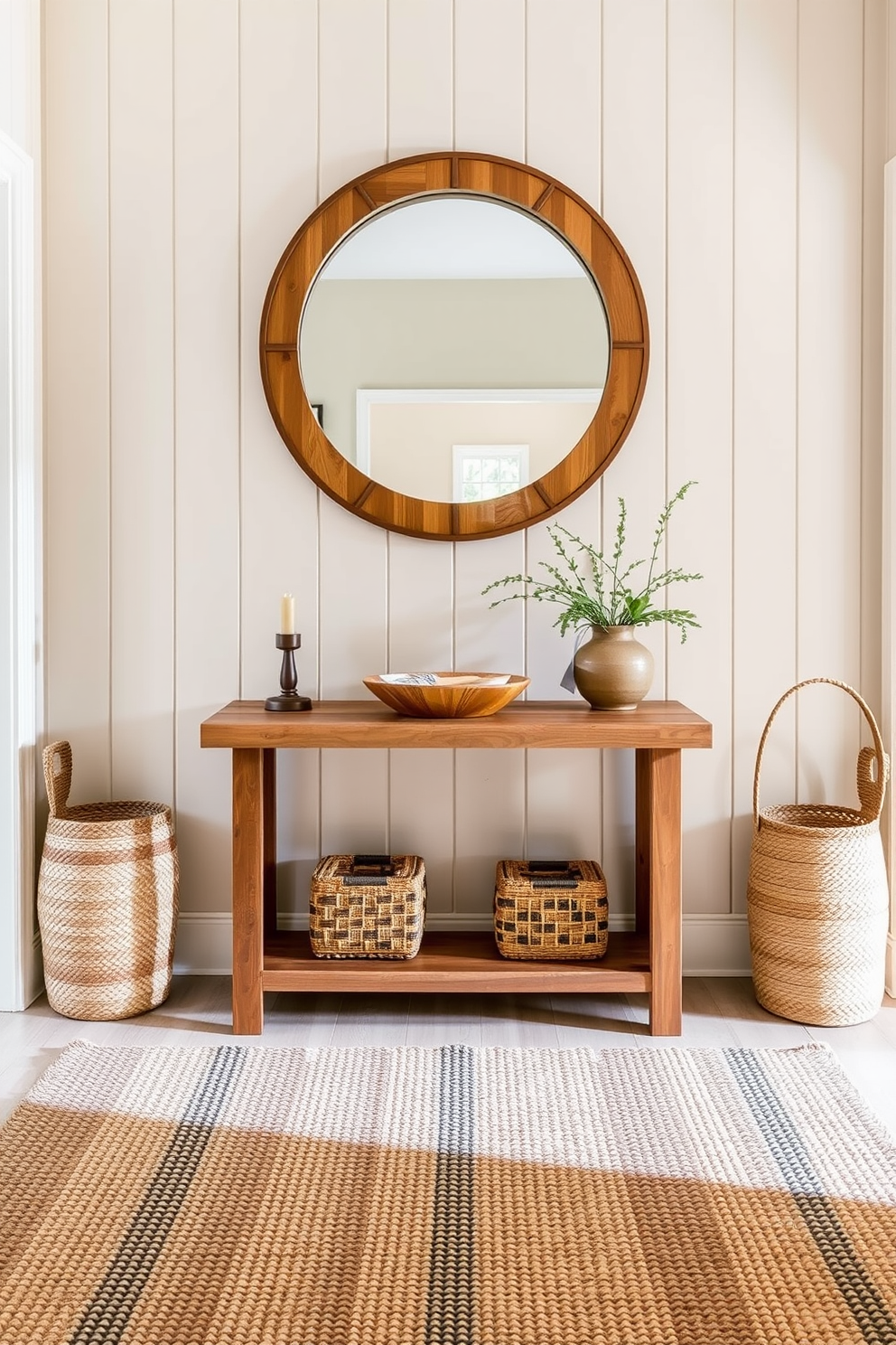 A welcoming foyer featuring a textured woven rug that adds warmth underfoot. The walls are adorned with soft beige paneling, complemented by a statement console table made of reclaimed wood. Above the console table, a large round mirror with a natural wood frame reflects light into the space. Flanking the table are two stylish woven baskets that provide functional storage while enhancing the organic feel of the design.