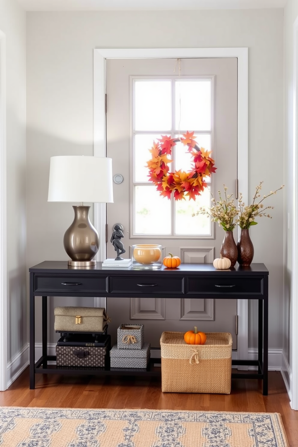 A welcoming foyer design featuring a stylish console table with a sleek lamp and decorative items. The walls are adorned with light gray paint, and a seasonal wreath made of autumn leaves and small pumpkins hangs on the door for added charm.