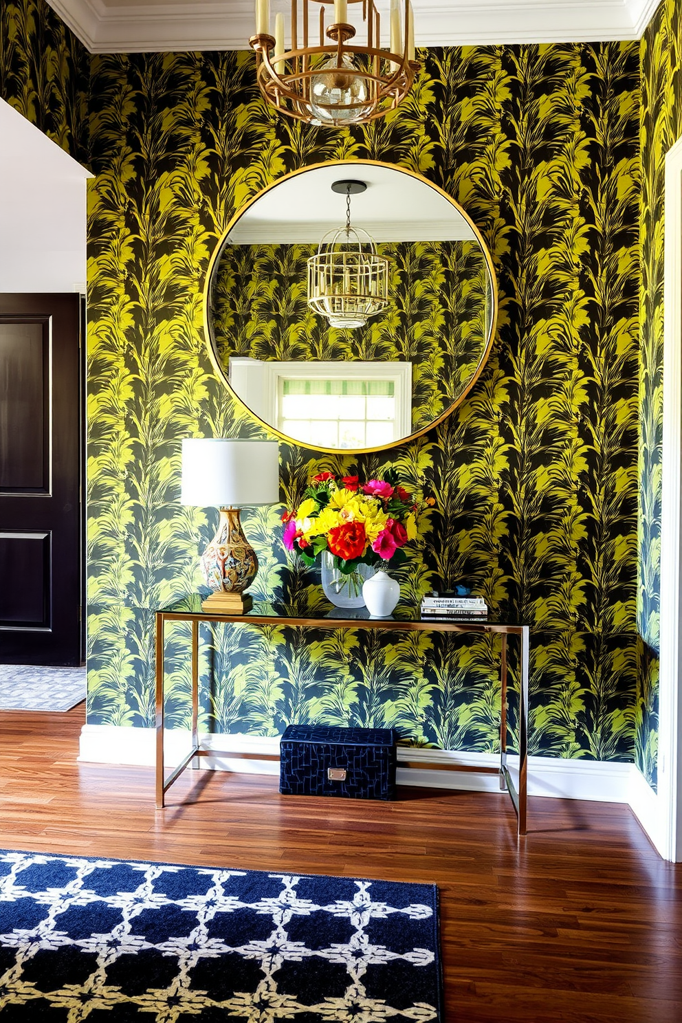 A stunning foyer design featuring bold wallpaper that creates a striking visual impact. The entryway is adorned with a sleek console table topped with a decorative lamp and a vibrant floral arrangement. On the floor, a geometric patterned rug complements the wallpaper while adding warmth to the space. A large round mirror hangs above the console, reflecting light and enhancing the sense of openness in the foyer.