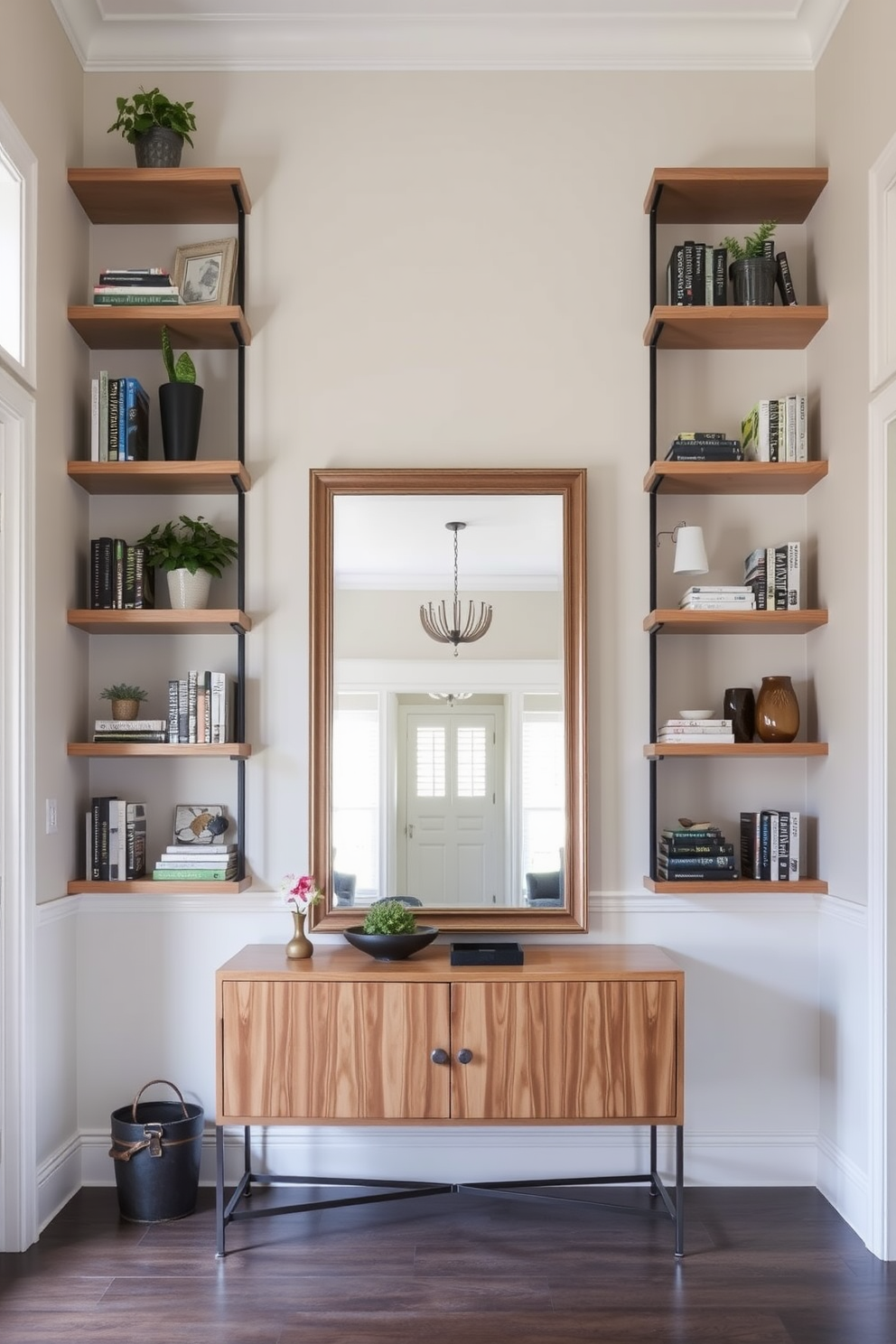 A welcoming foyer features tall shelves that reach up to the ceiling, adorned with decorative books and potted plants. The walls are painted in a soft, neutral tone, and a stylish console table sits below a large mirror, creating an inviting entryway.