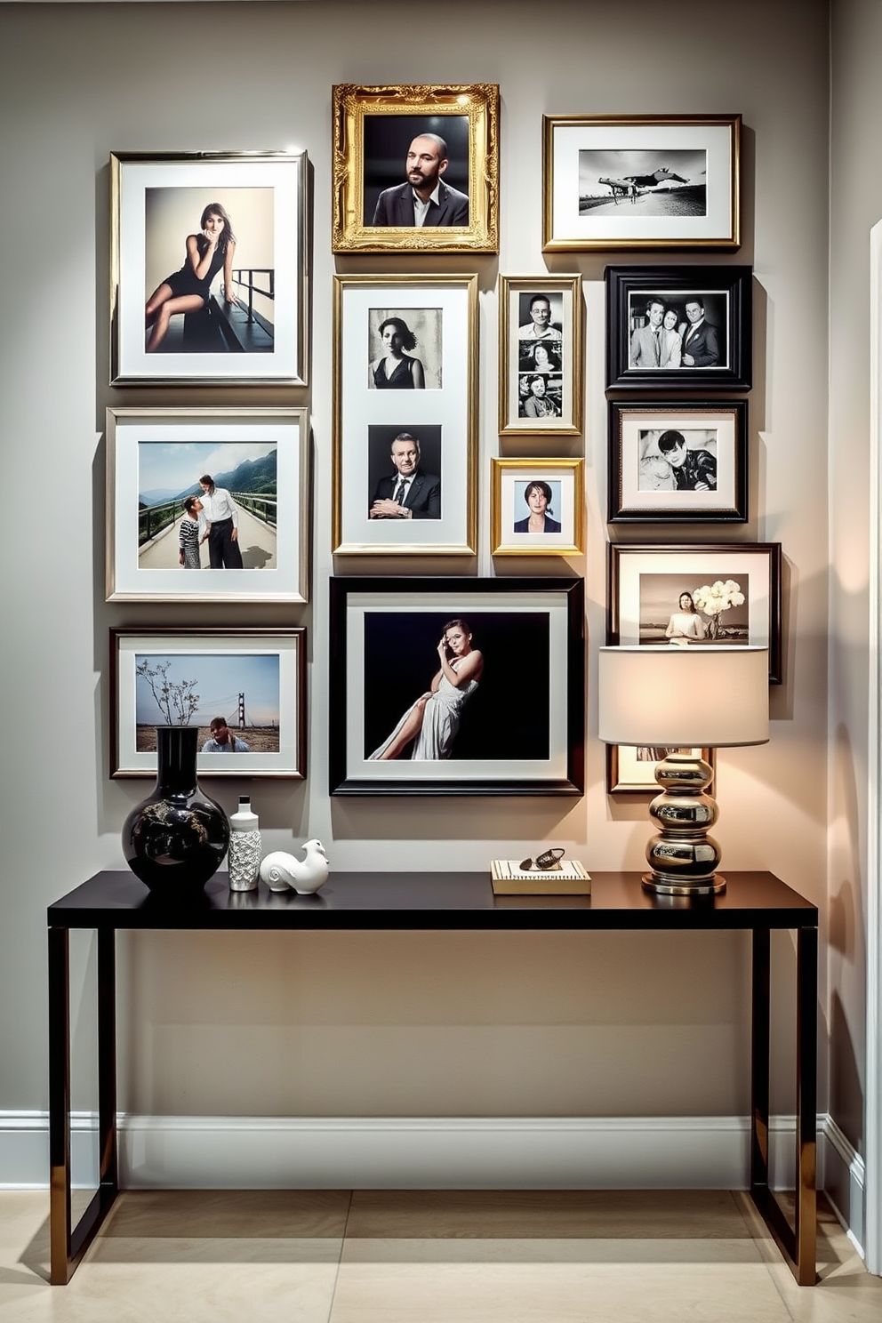 A welcoming foyer with a stunning gallery wall showcasing a mix of framed artwork and personal photographs. The space features a sleek console table beneath the artwork, adorned with decorative objects and a stylish lamp for added warmth.