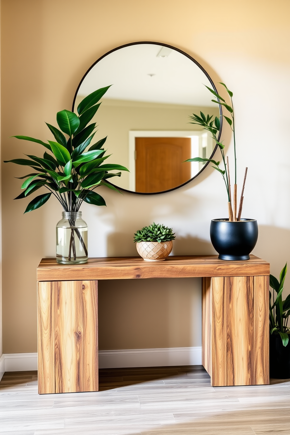 A welcoming foyer that features a sleek console table made of reclaimed wood. Above the table, a large round mirror reflects natural light, enhancing the space's brightness. Lush indoor plants are strategically placed in the corners, adding a vibrant touch of greenery. The walls are painted in a soft beige, complementing the warm tones of the wooden elements.