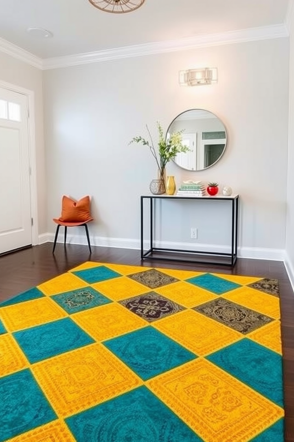 Bright statement rug for welcoming entryway. The rug features bold geometric patterns in vibrant colors that instantly draw the eye and create an inviting atmosphere. The foyer is designed with a sleek console table against the wall, adorned with decorative items and a stylish mirror above. Soft lighting fixtures illuminate the space, enhancing the cheerful ambiance of the entryway.