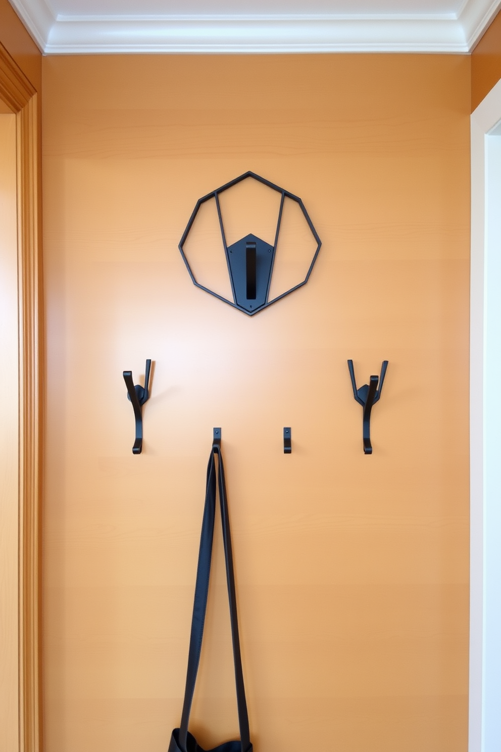 A stylish foyer entryway features functional coat hooks mounted on a wall with a warm wood finish. The hooks are designed in a modern geometric shape, adding a touch of elegance while providing practical storage for coats and bags.