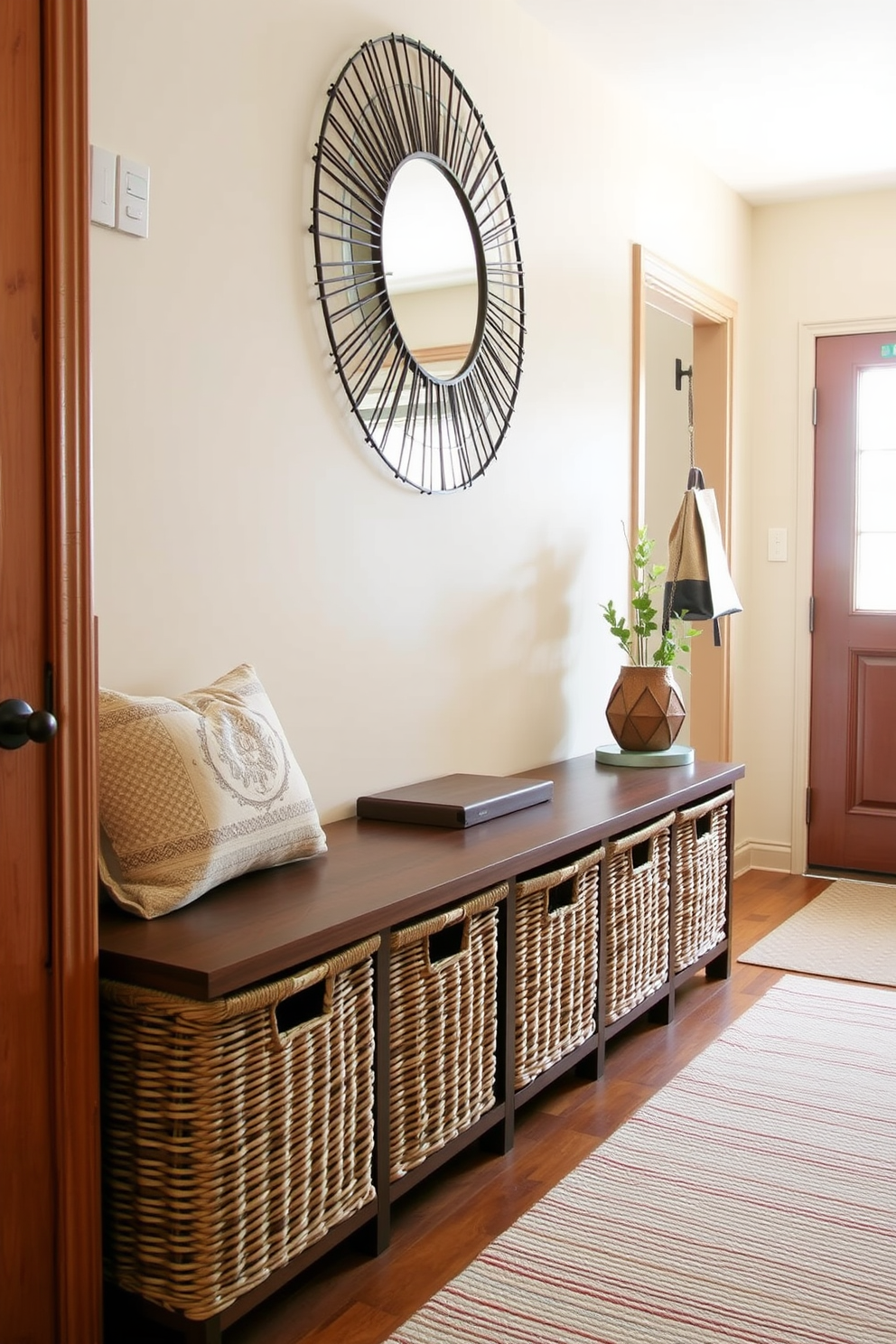 A cozy foyer entryway features woven baskets neatly arranged along a wooden bench for organized shoe storage. The walls are painted in a soft beige, and a decorative mirror hangs above the bench, reflecting natural light from a nearby window.