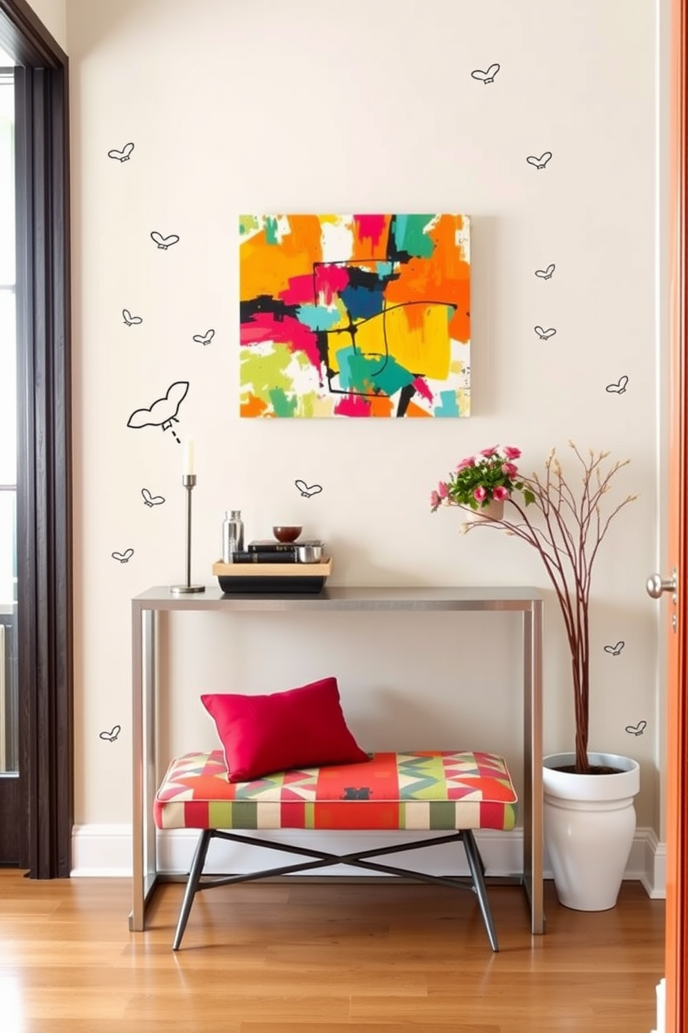 Artistic wall decals add a playful touch to the foyer. The entryway features a sleek console table with a vibrant abstract art piece above it. A stylish bench with colorful cushions invites guests to sit. The walls are adorned with whimsical decals that create a warm and welcoming atmosphere.