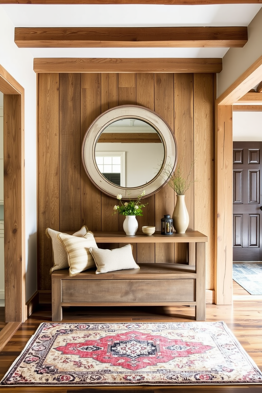 A welcoming foyer with rustic wood elements creates a warm and inviting atmosphere. The entrance features a reclaimed wood bench adorned with plush cushions and a vintage rug that adds texture to the space. On the walls, exposed wooden beams contrast beautifully with soft white paint, enhancing the rustic charm. A large round mirror with a distressed frame hangs above a console table made of weathered wood, showcasing decorative items and fresh greenery.