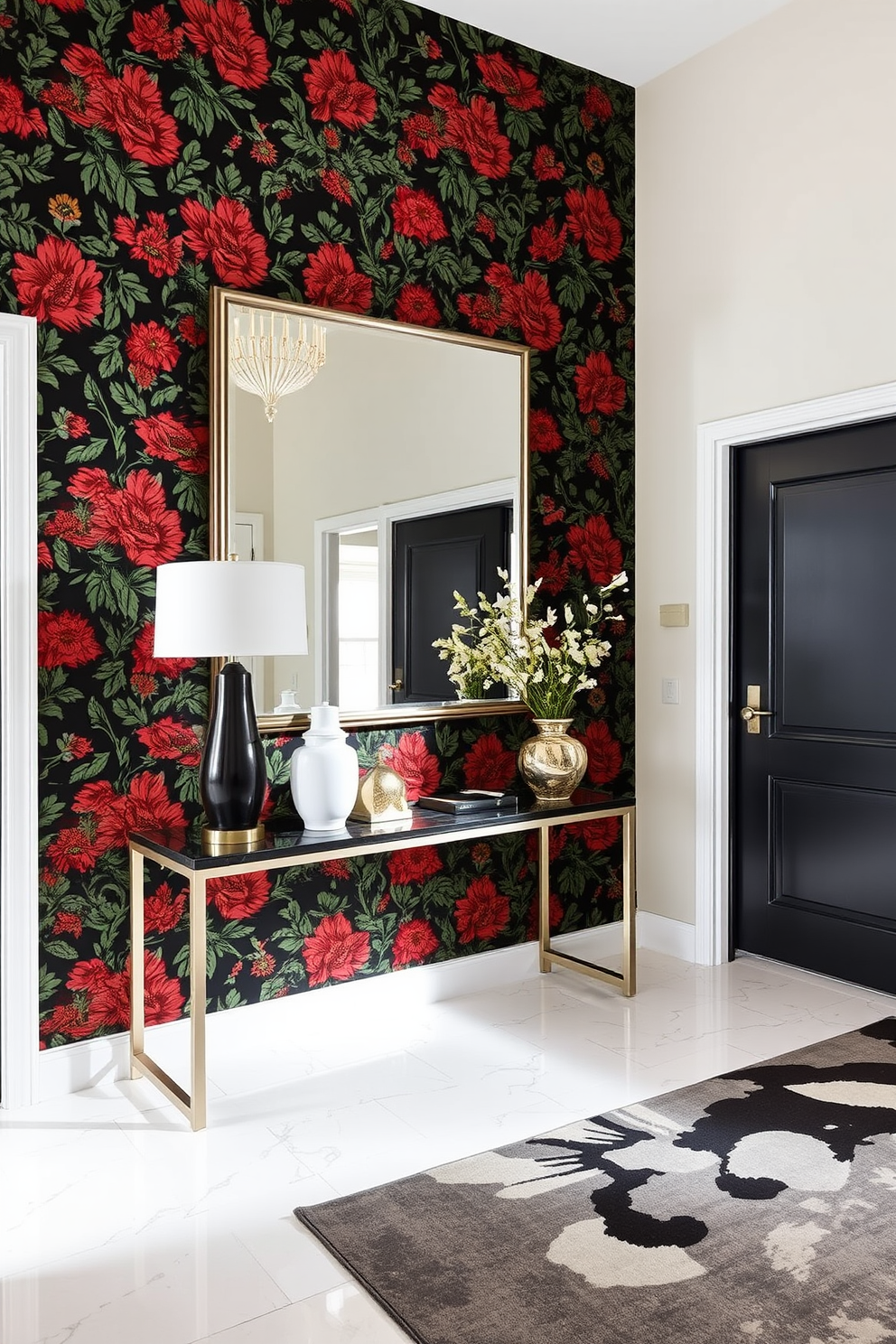 A stunning foyer entryway features bold wallpaper that creates a striking focal point. The wallpaper showcases an intricate floral pattern in vibrant colors, drawing the eye and setting the tone for the rest of the home. A sleek console table is positioned against the wall, adorned with decorative objects and a stylish lamp. A large mirror above the table reflects the light, enhancing the space and adding depth to the entryway.