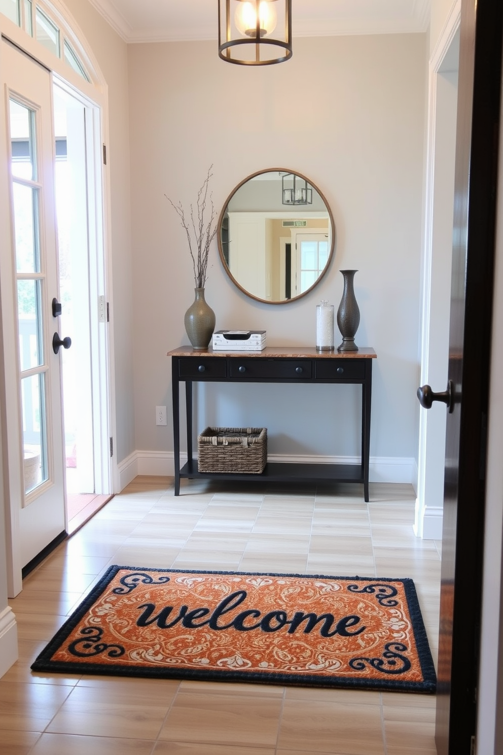 A charming foyer featuring a personalized welcome mat that greets guests with warmth. The entryway is adorned with soft lighting and a stylish console table, creating an inviting atmosphere.