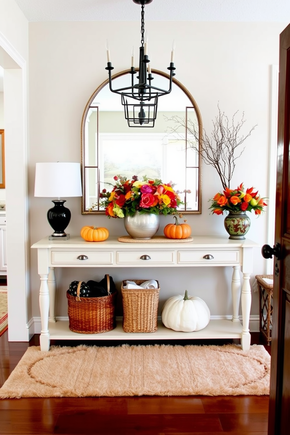 Create a welcoming foyer entryway that combines seasonal decor elements. Incorporate a large console table adorned with a seasonal centerpiece, such as a vibrant floral arrangement or a collection of pumpkins for autumn. Enhance the space with a stylish mirror above the table that reflects natural light. Use a soft area rug in warm tones to anchor the design and provide comfort underfoot.