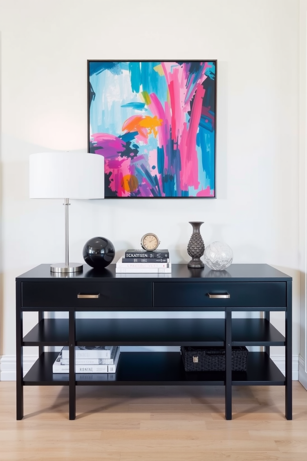 A stylish console table is positioned against the wall in the foyer, showcasing a beautiful arrangement of decorative accents. A sleek lamp and a few carefully chosen books rest on the table, while a vibrant piece of artwork hangs above it, adding a pop of color to the entryway.