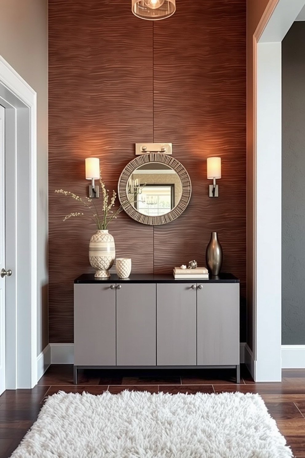 Textured wall panels create a striking focal point in the foyer, adding depth and character to the entryway. Complement the panels with a sleek console table adorned with decorative accents and a stylish mirror above. Incorporate warm lighting fixtures to enhance the ambiance, casting a welcoming glow as guests enter. A plush area rug underfoot adds comfort and ties the space together, inviting visitors to step inside.