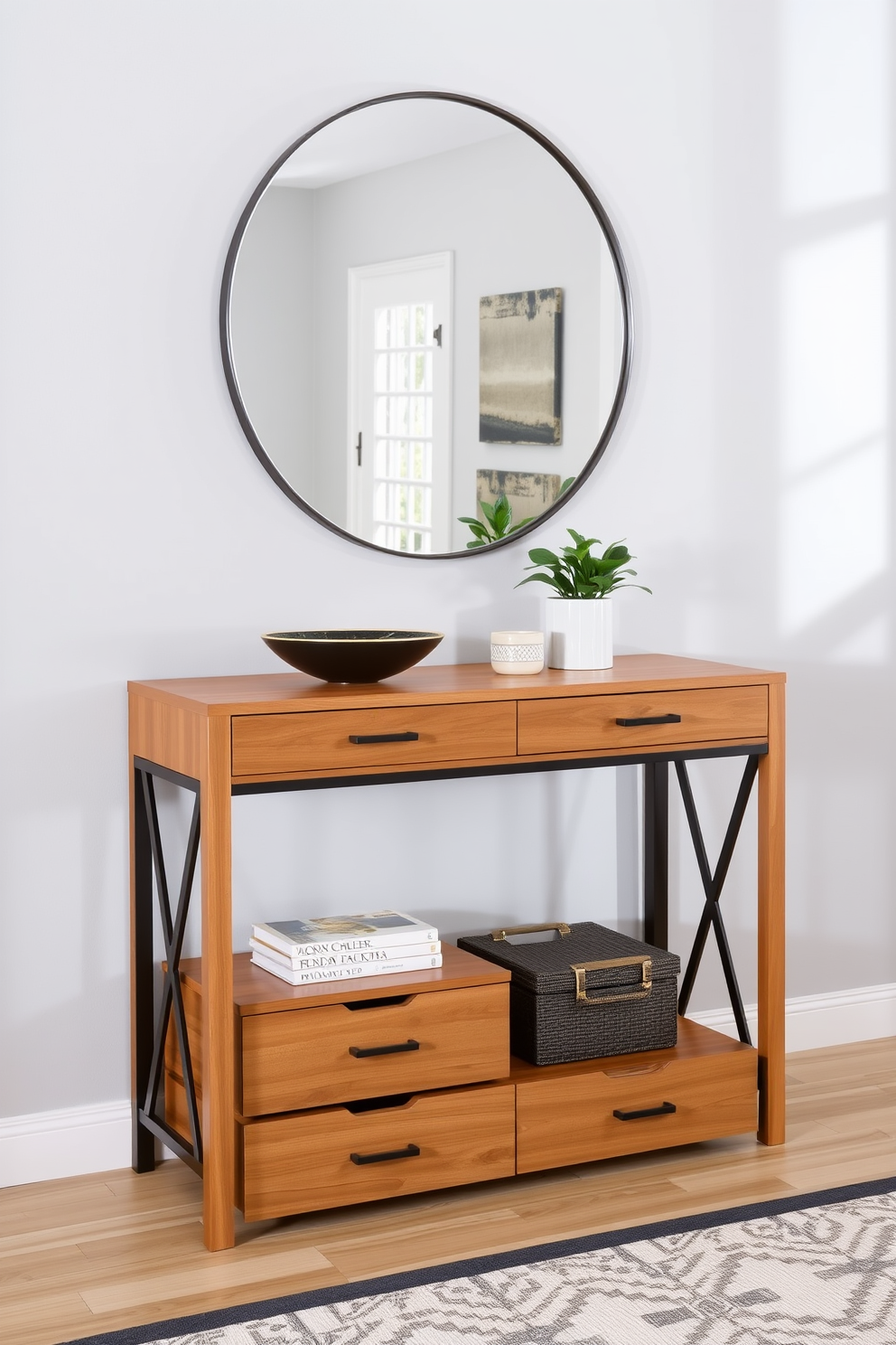 A stylish multi-functional entryway table with drawers sits against a light gray wall. The table features a sleek design with a warm wood finish and decorative accents, providing both storage and a welcoming atmosphere. Above the table, a large round mirror reflects natural light, enhancing the space's brightness. A small potted plant and a decorative bowl are placed on the table, adding a touch of greenery and personality to the foyer.