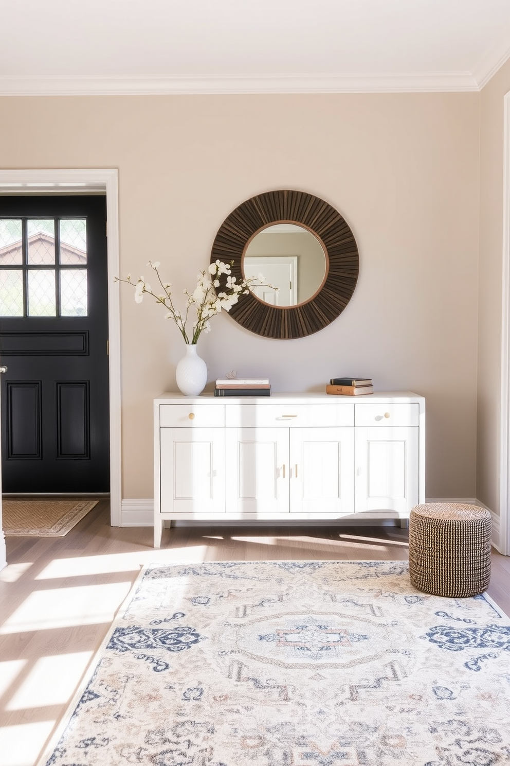 A welcoming foyer featuring a soft area rug that adds comfort and warmth to the space. The entryway is adorned with a stylish console table and a large mirror that reflects natural light.