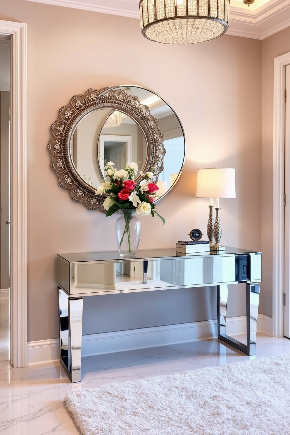 A stunning foyer entryway featuring mirrored furniture that reflects light and adds a glamorous touch. The space includes a sleek mirrored console table adorned with a stylish vase and fresh flowers, creating an inviting atmosphere. On the wall, a large round mirror with an ornate frame enhances the sense of space and elegance. The flooring is a polished marble that complements the reflective surfaces, while a plush area rug adds warmth and texture to the entryway.