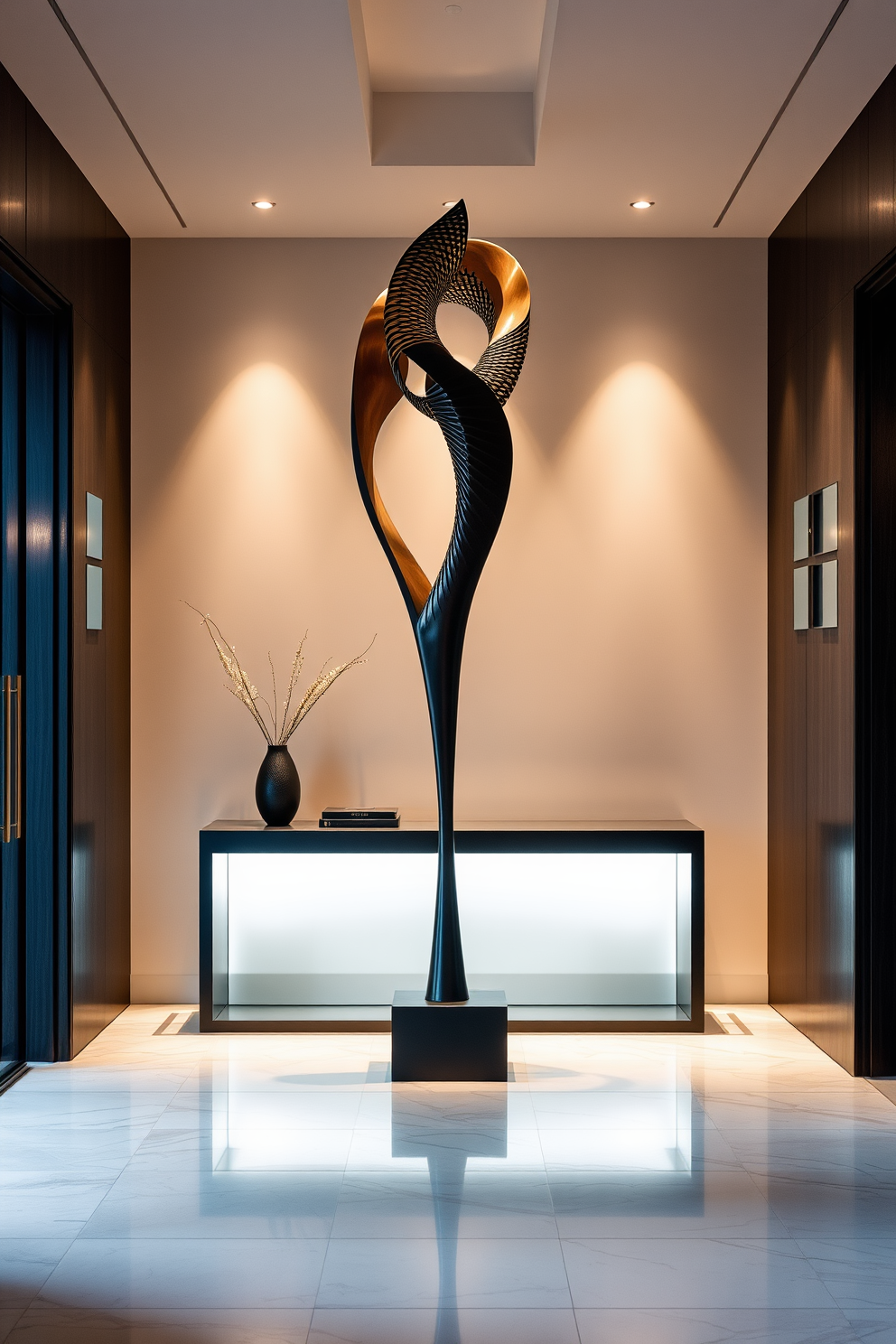 A striking sculpture stands prominently in the foyer, capturing attention with its bold form and intricate details. Surrounding the sculpture, the entryway features a sleek console table with a minimalist design, complemented by ambient lighting that enhances the overall elegance of the space.