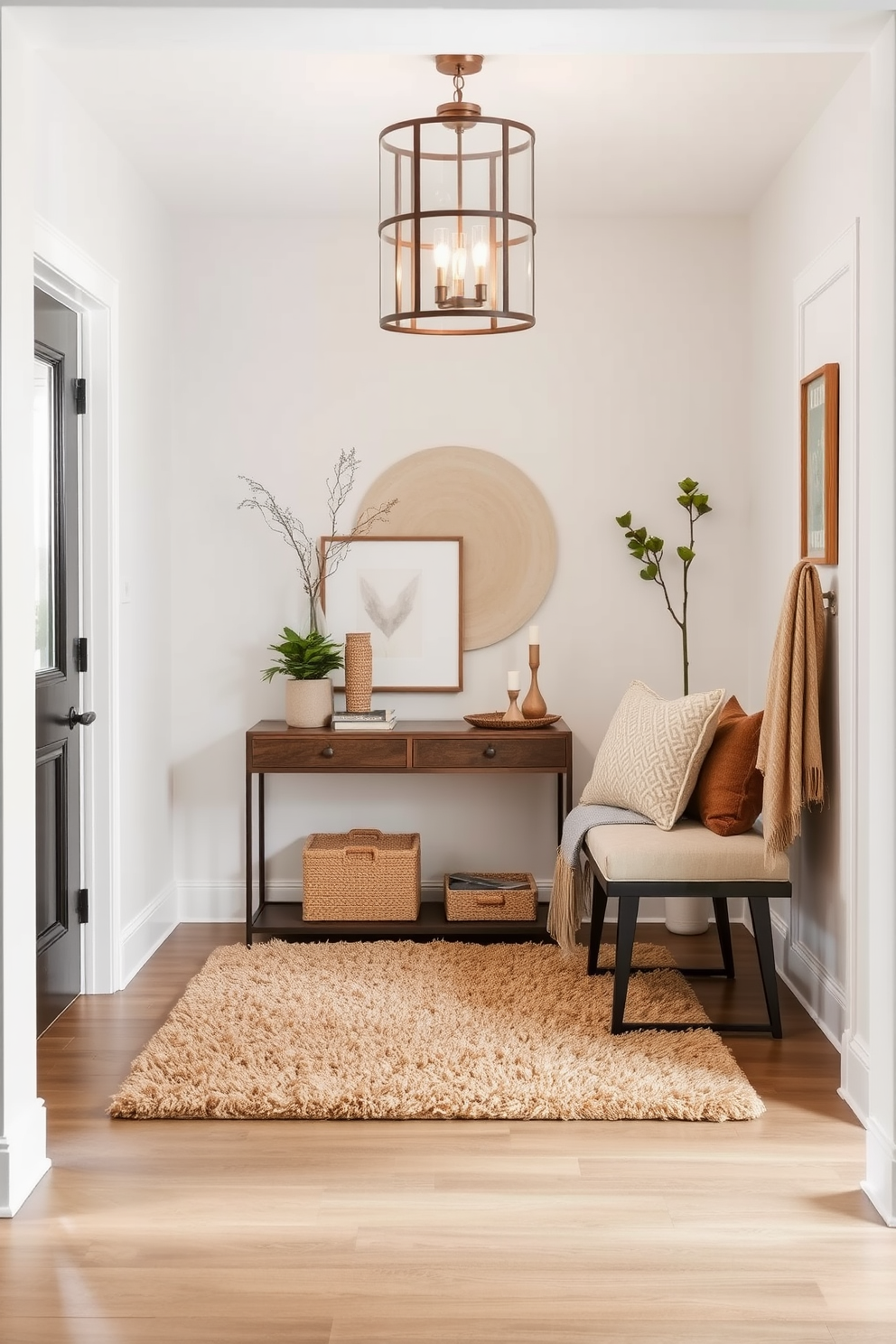 A welcoming foyer entryway featuring layered textiles to create a cozy atmosphere. A plush area rug in warm tones lays beneath a stylish console table adorned with decorative objects and a small potted plant. Soft throw pillows in varying textures are arranged on a nearby bench, inviting guests to sit and relax. The walls are painted in a soft neutral color, complemented by a statement light fixture that adds warmth to the space.