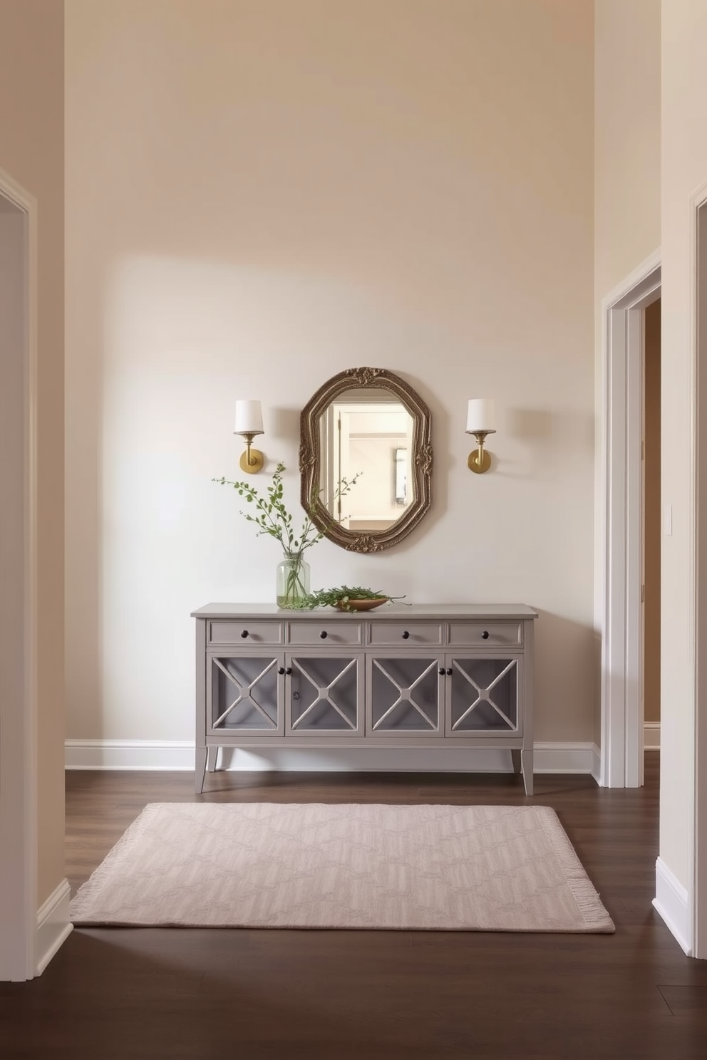 A spacious foyer featuring a neutral color palette that exudes timeless elegance. The walls are painted in soft beige, complemented by a light gray console table adorned with a decorative mirror above it. A plush area rug in muted tones anchors the space, while a pair of stylish sconces flanking the mirror provide warm lighting. A simple yet elegant arrangement of greenery sits on the console, adding a touch of freshness to the entryway.