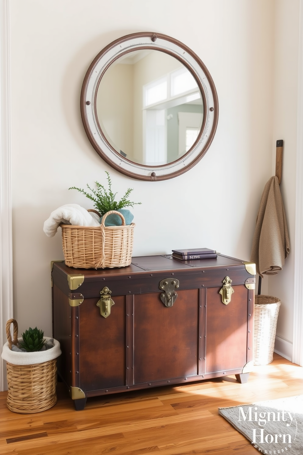 A vintage trunk serves as a stylish storage solution in the foyer, adding character and charm to the entryway. The trunk is adorned with antique brass hardware and placed against a wall painted in a soft cream color, complementing the warm wooden flooring. Surrounding the trunk are decorative elements such as a woven basket filled with cozy blankets and a small potted plant for a touch of greenery. Above the trunk, a round mirror with a distressed frame reflects natural light, enhancing the inviting atmosphere of the space.