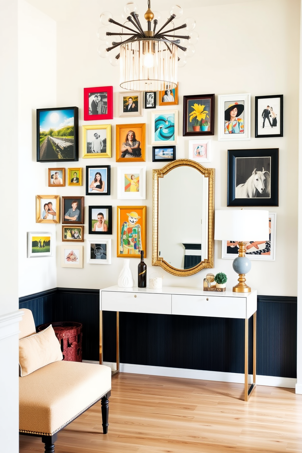 A gallery wall features a curated collection of family photos and vibrant artworks arranged in an eclectic style. The frames vary in size and color, creating a visually dynamic display that adds personality to the space. The foyer entryway showcases a sleek console table adorned with decorative items and a stylish mirror above it. A cozy bench is placed nearby, complemented by a statement light fixture that enhances the welcoming atmosphere.