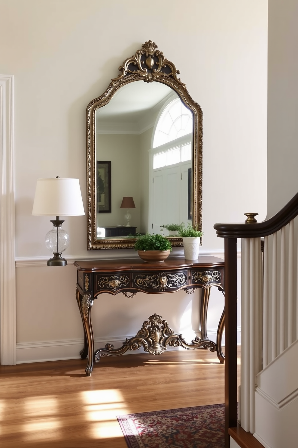 A vintage mirror is positioned prominently in the foyer, reflecting natural light and creating an illusion of a larger space. The entryway features a classic console table with intricate detailing, complemented by a stylish lamp and a small potted plant.