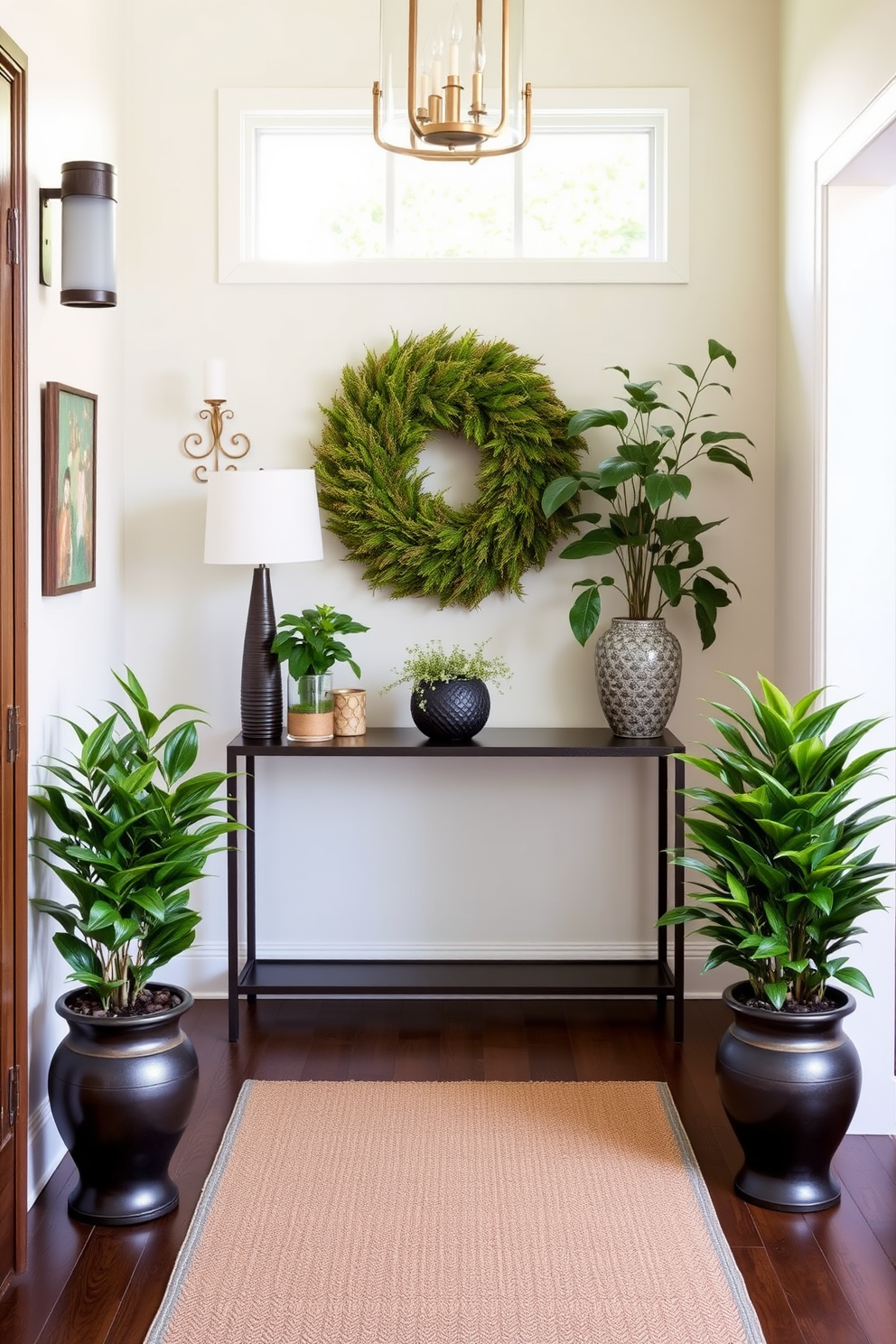 A welcoming foyer entryway adorned with natural greenery in decorative planters. The space features a stylish console table against the wall, with lush potted plants flanking either side for a fresh and inviting atmosphere.