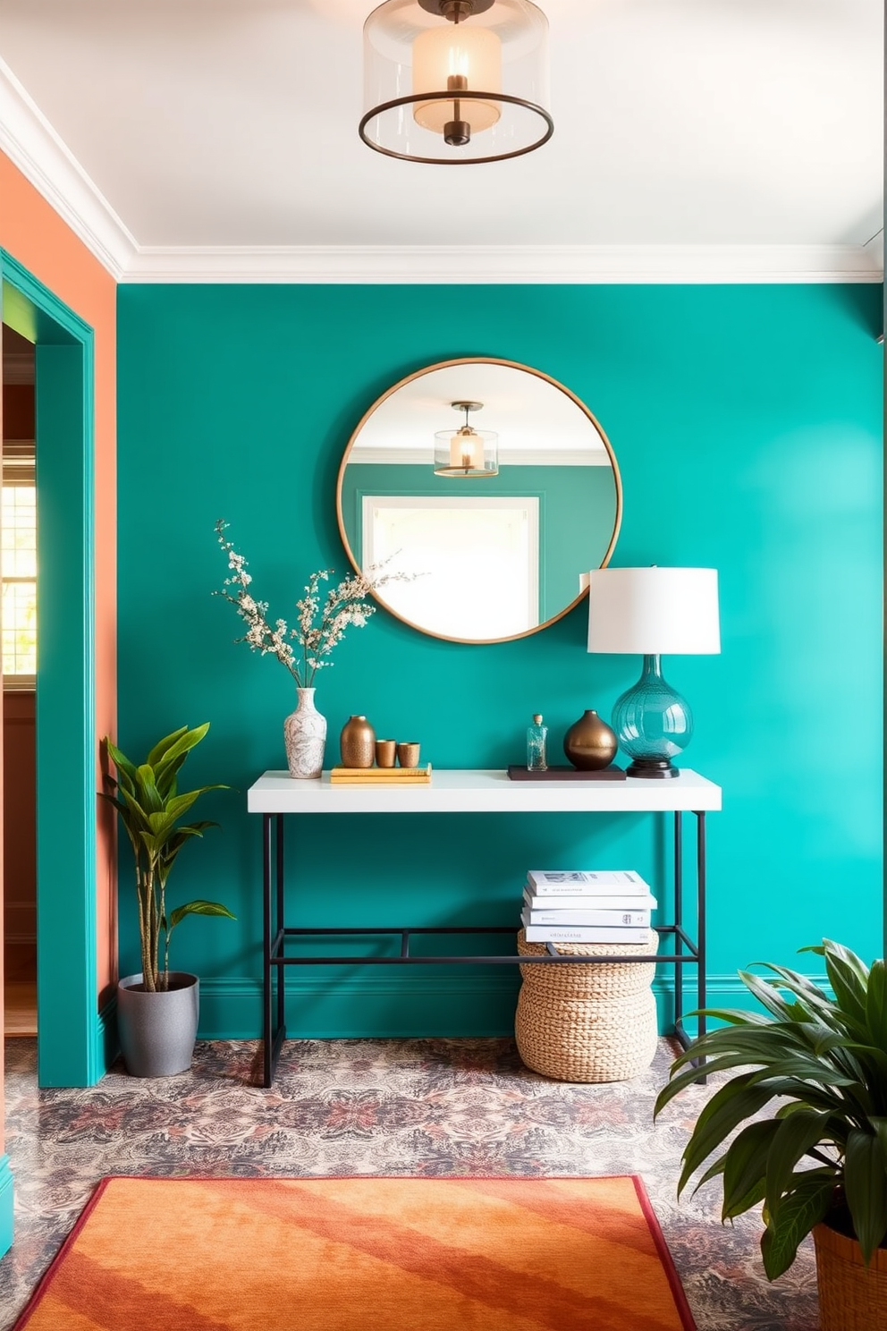 A vibrant foyer entryway with colorful wall paint creates a striking first impression. The walls are painted in a bold teal, complemented by a sleek console table adorned with decorative items and a large round mirror above it. The flooring features a mix of patterned tiles that add character and interest. A stylish rug in warm tones anchors the space, while potted plants in the corners bring a touch of nature indoors.