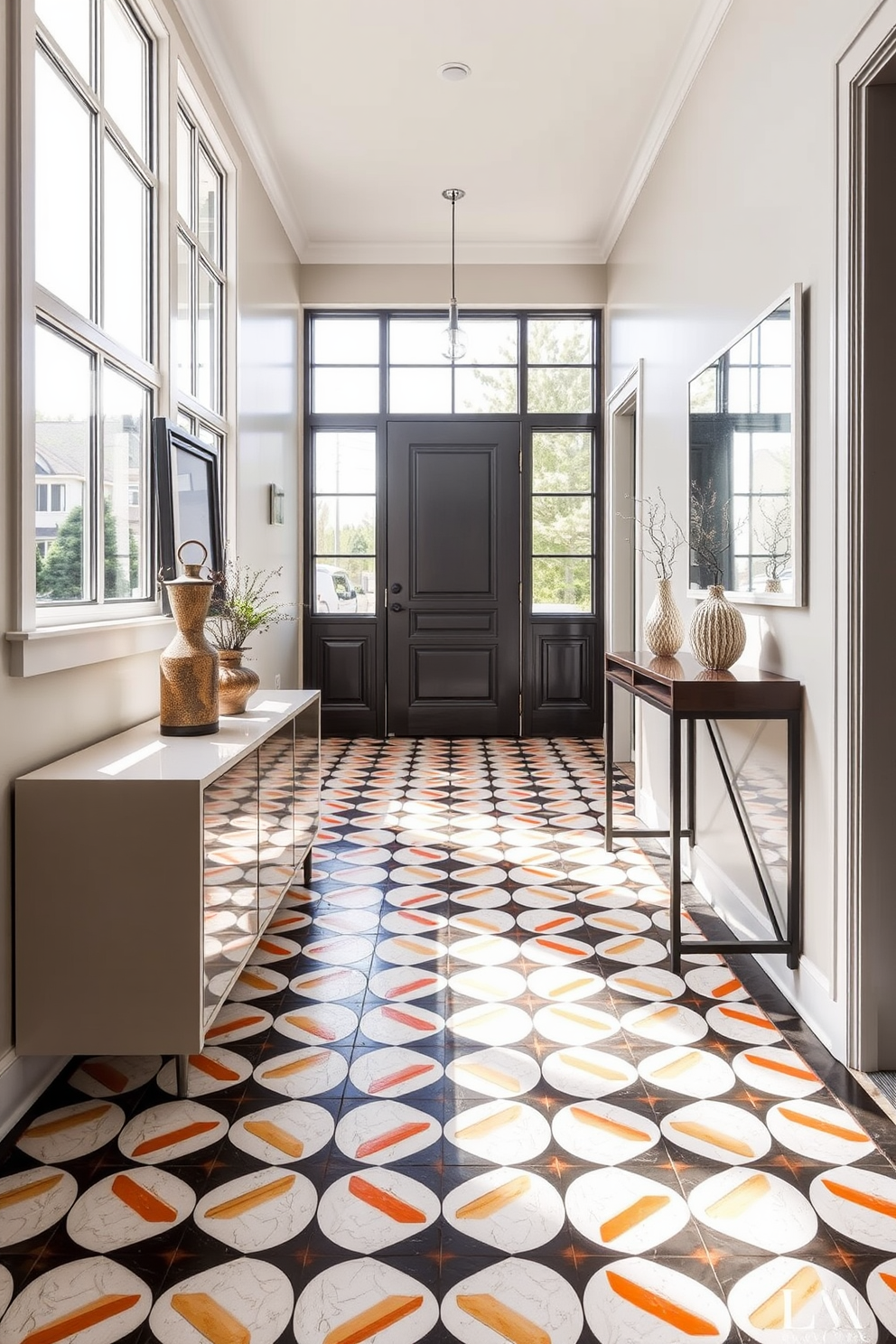 A modern foyer features striking geometric patterned tiles that create a stunning visual impact. The tiles are arranged in a bold design, showcasing a mix of contrasting colors that enhance the overall aesthetic of the space. The foyer is illuminated by natural light streaming through large windows, highlighting the intricate patterns of the tiles. A sleek console table sits against one wall, adorned with decorative items that complement the geometric theme.