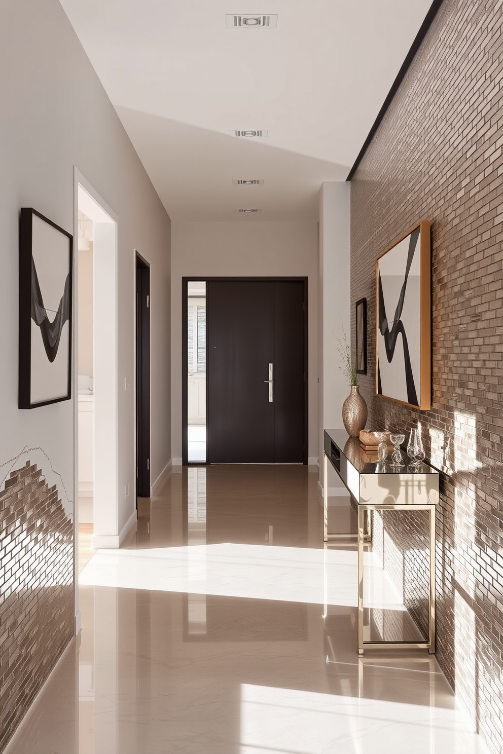 A stunning foyer featuring metallic tiles that reflect light and add a contemporary touch. The walls are adorned with sleek, minimalist art, and a modern console table sits against one side, showcasing decorative accents.