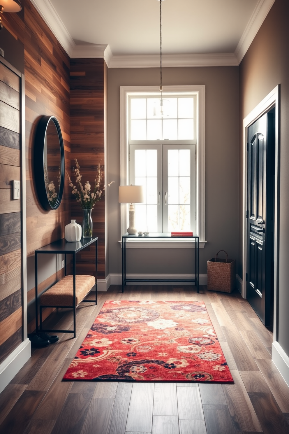 A welcoming foyer featuring wood-look tiles that create a sense of warmth and comfort. The space is adorned with a stylish console table against the wall, complemented by a large round mirror above it. Natural light floods in through a nearby window, illuminating the rich tones of the tiles. A vibrant area rug adds a pop of color and texture, inviting guests to step inside.