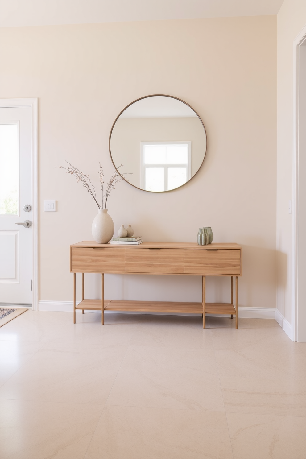 A serene foyer featuring neutral tones creates a calming atmosphere. The floor showcases a stunning tile design with subtle geometric patterns that complement the soft beige walls. A stylish console table made of light wood sits against the wall, adorned with a minimalist vase and a few decorative books. A large round mirror with a thin frame hangs above the table, reflecting natural light from a nearby window.