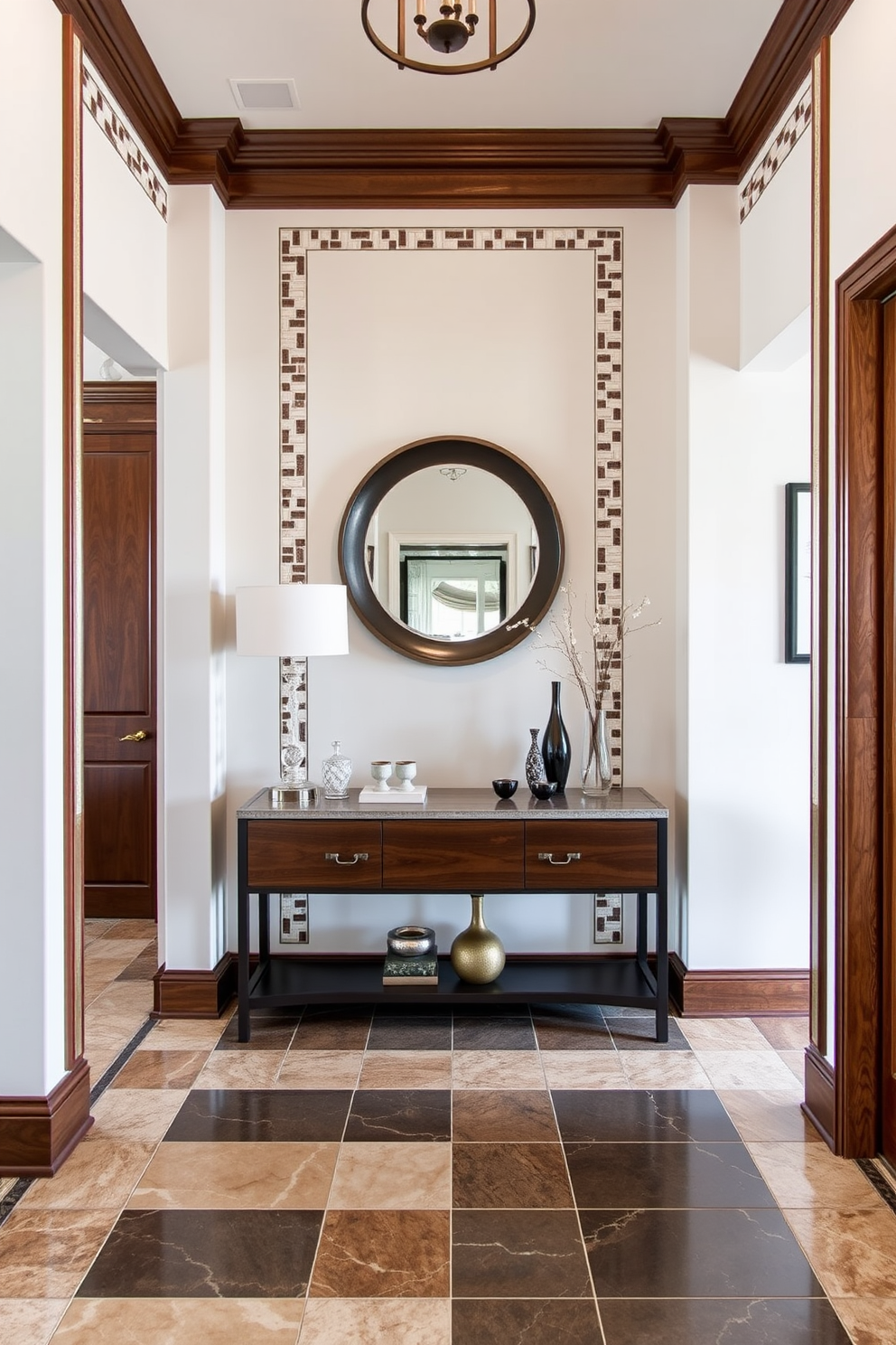 A stunning foyer featuring custom tile borders that elegantly define the entryway. The tiles are arranged in a geometric pattern, creating a visual frame around the space, complemented by rich wooden accents. The foyer showcases a blend of textures with a mix of glossy and matte tiles in a harmonious color palette. A stylish console table sits against the wall, adorned with decorative items and a statement mirror above it.